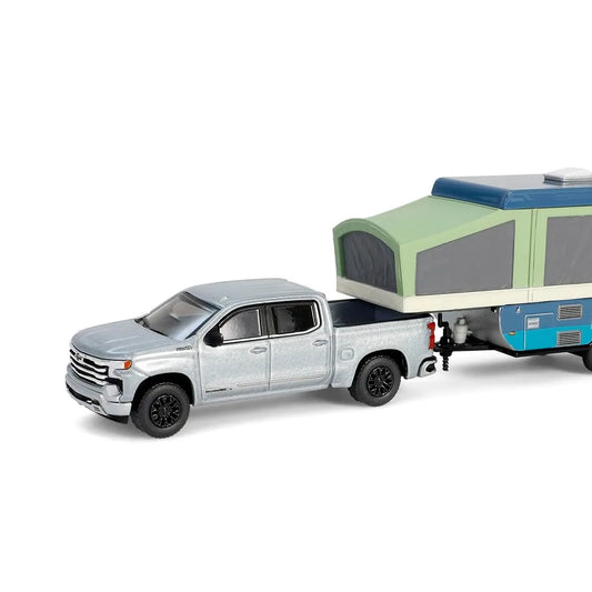 Chevrolet Silverado High Country + Pop-Up Camper (Sterling Gray) | Greenlight 1:64 | Diecast