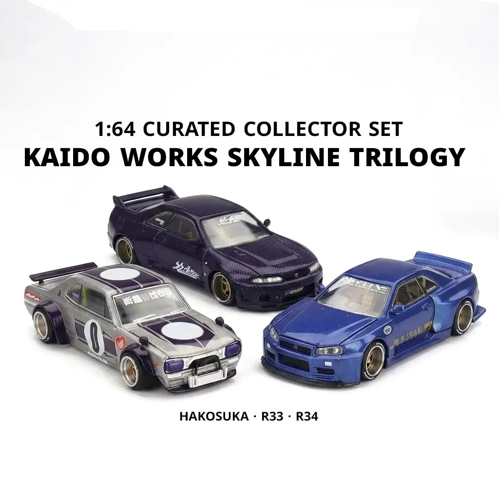 Kaido Works Skyline Trilogy — Hakosuka · R33 · R34 | Kaido House x Mini GT 1:64 | Curated Collector Set