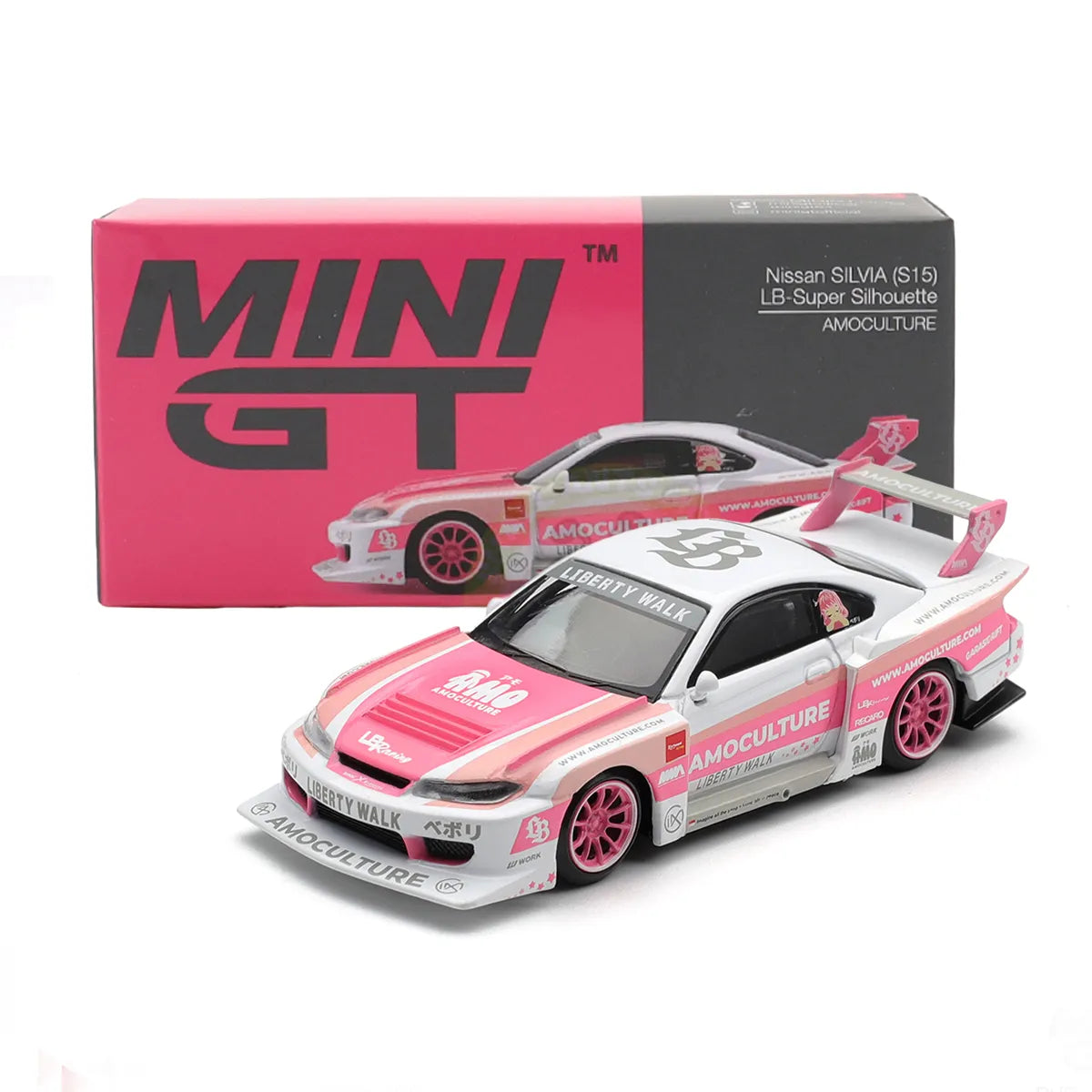 Nissan Silvia (S15) LB-Super Silhouette AMOCULTURE (White/Pink) | Mini GT 1:64 | Diecast