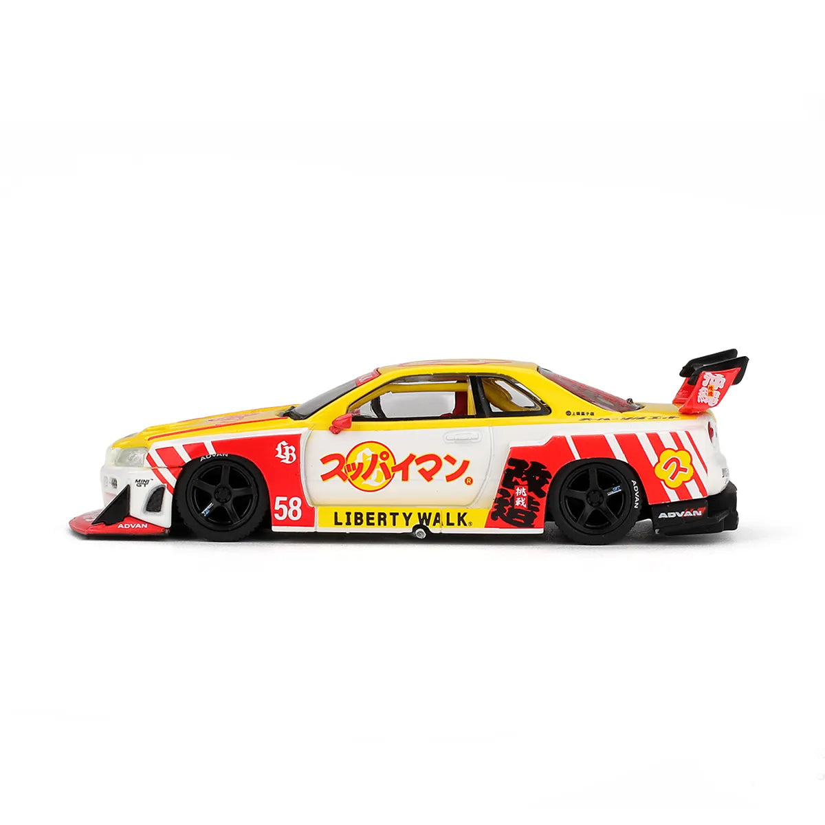 Nissan LB-ER34 Super Silhouette Skyline Suppaiman Okinawa (Yellow/Red) | Mini GT 1:64 | Diecast