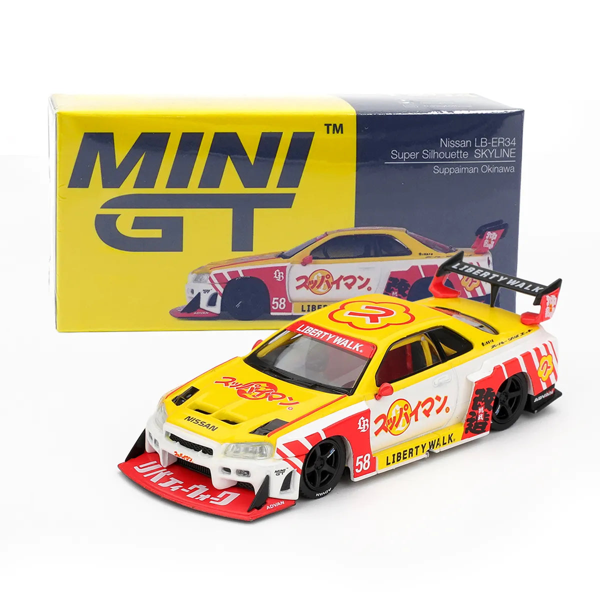Nissan LB-ER34 Super Silhouette Skyline Suppaiman Okinawa (Yellow/Red) | Mini GT 1:64 | Diecast